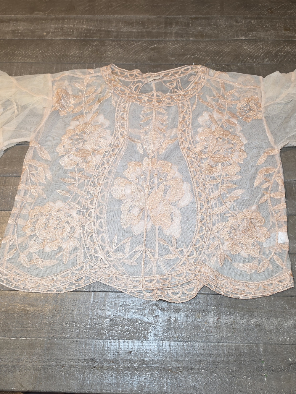 Altar'd State Sheer Peach Shimmer Blouse Short Sleeve Women's Size Medium C5